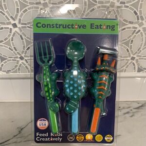 Constructive Eating Dinosaur Kids Utensil Set – Fork, Spoon & Pusher  NEW Sealed